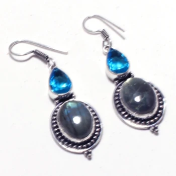 

Genuine Labradorite + Blue Topaz Silver Overlay on Copper Earrings, Hand made Women Jewelry Gift , E5486