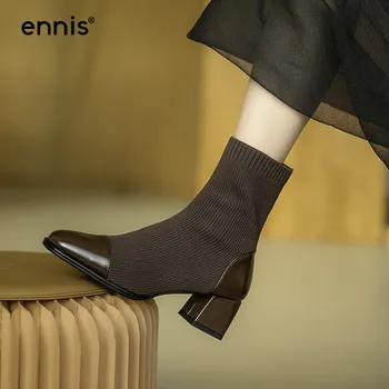 

ENNIS Retro Knitted Boots Square Heeel Elastic Boots Stretch Autumn Winter Shoes Genuine Leather Women's Ankle Boots 2020 A0184