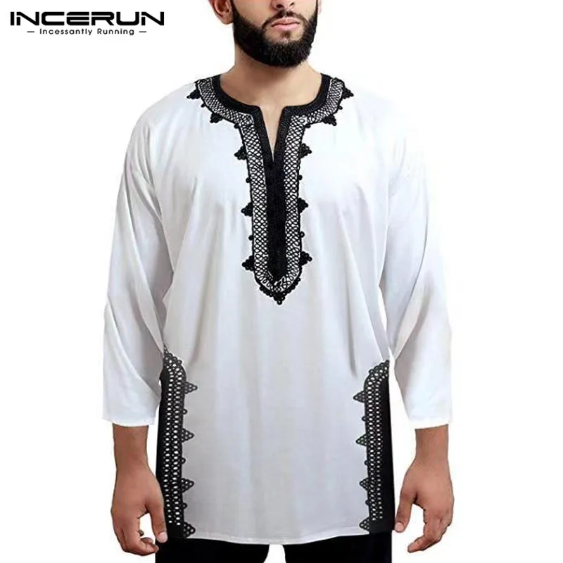 INCERUN/мужские футболки с длинными рукавами в африканском стиле с принтом в этническом стиле, топы с v-образным вырезом, Свободные повседневные футболки, мужская одежда в африканском стиле