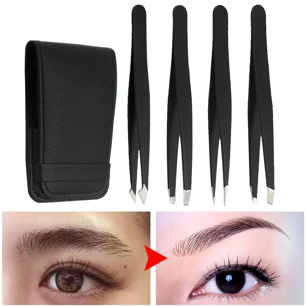 4 Piece Set Tip With Case Polished Cosmetic Tweezer Makeup Tool Eyebrow Pliers Hair Removal Professional Stainless Steel