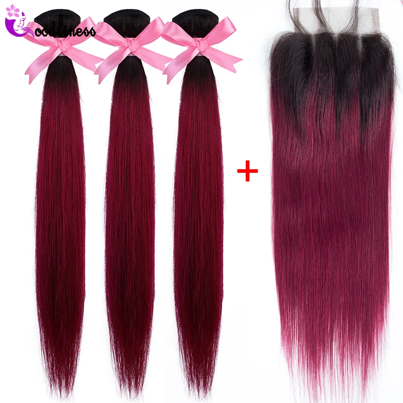 

Goodliness 1b/Burgundy Ombre Human Hair 3 Bundles With Lace Closure Red Ombre Peruvian Straight Hair Bundles With Closure Remy