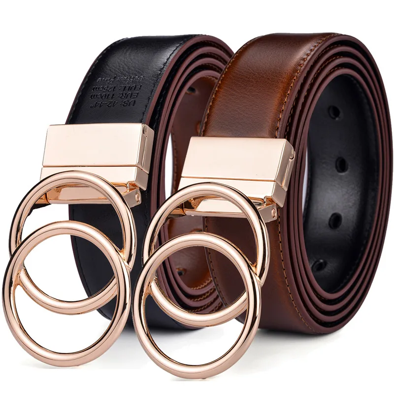 Cinturón Reversible de cuero para mujer, 2 en 1, 2 anillos girados, hebilla dorada, 3,4 cm de ancho|Cinturones de mujer| - AliExpress