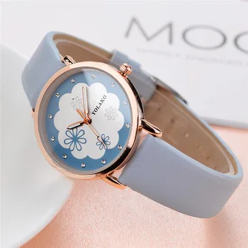 

Diamond Ladies Watches Simple Watch For Women YOLAKO Women's Flower Watch Luxury Leather Sport Rose Gold Clock Ultra-thin Saat