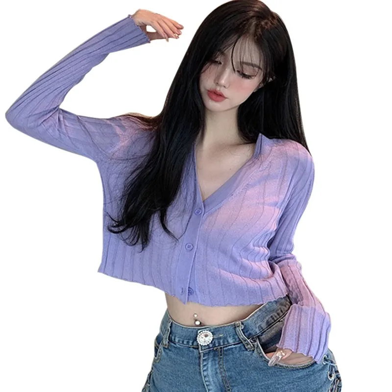 

Women Korean Style Long Sleeve V-Neck Thin T Shirt Sun Protection Button Up Knitted Cardigan Solid Sweater 2020