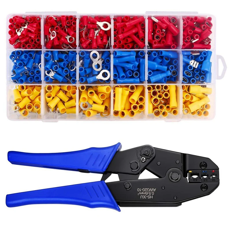

Wire Terminals Crimping Tool Insulated Ratcheting Terminals Crimper Kit of AWG22-10 with 700PCS -27 Types of Insulated Butt Spad