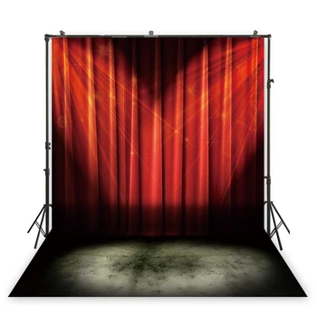 

Vintage Stage Red Curtain Backdrop Rustic Shabby Chic Lights Background Old Fashioned Photocall Studio Photoshoot Filming Vinyl