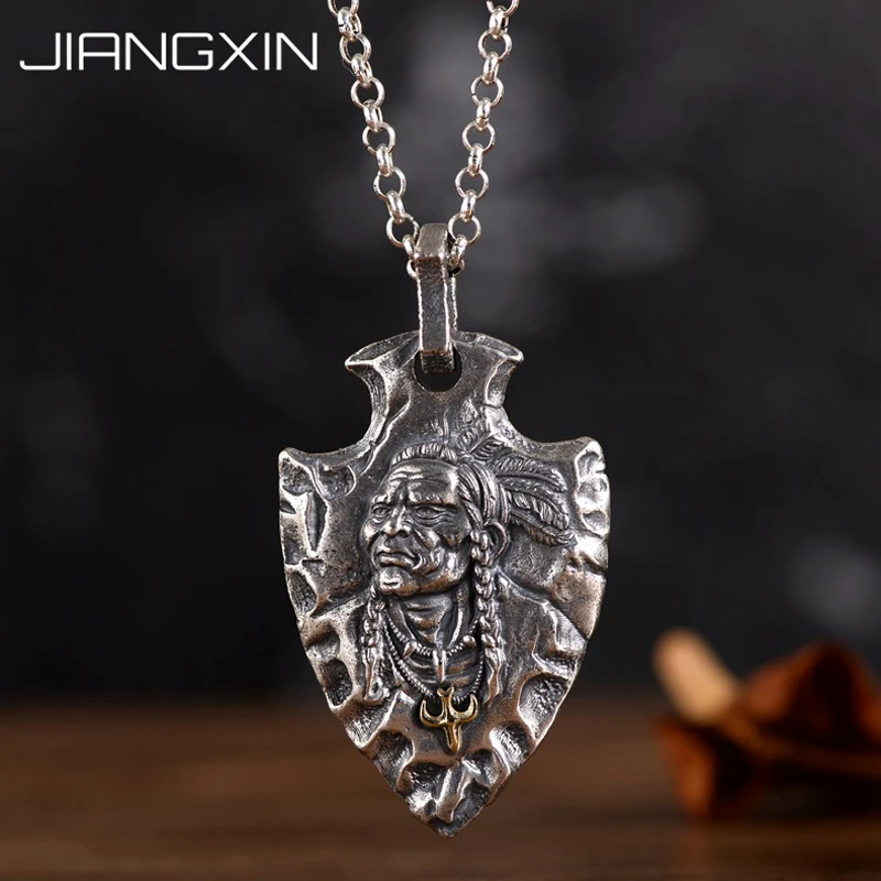 

35g 925 Sterling Silver Vintage Indian Shield Sun Eagle Old Chief Tribal Legend Pendant Jewelry Adjustable black Rope 4.5*3cm