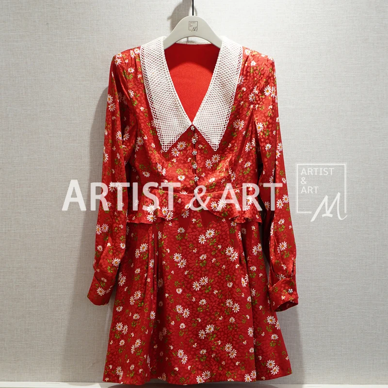 

Svoryxiu High-End Custom Summer Vintage Red Daisy Print Silk Dress Women's Long Sleeve Romantic V-Neck luxury Party Dresses