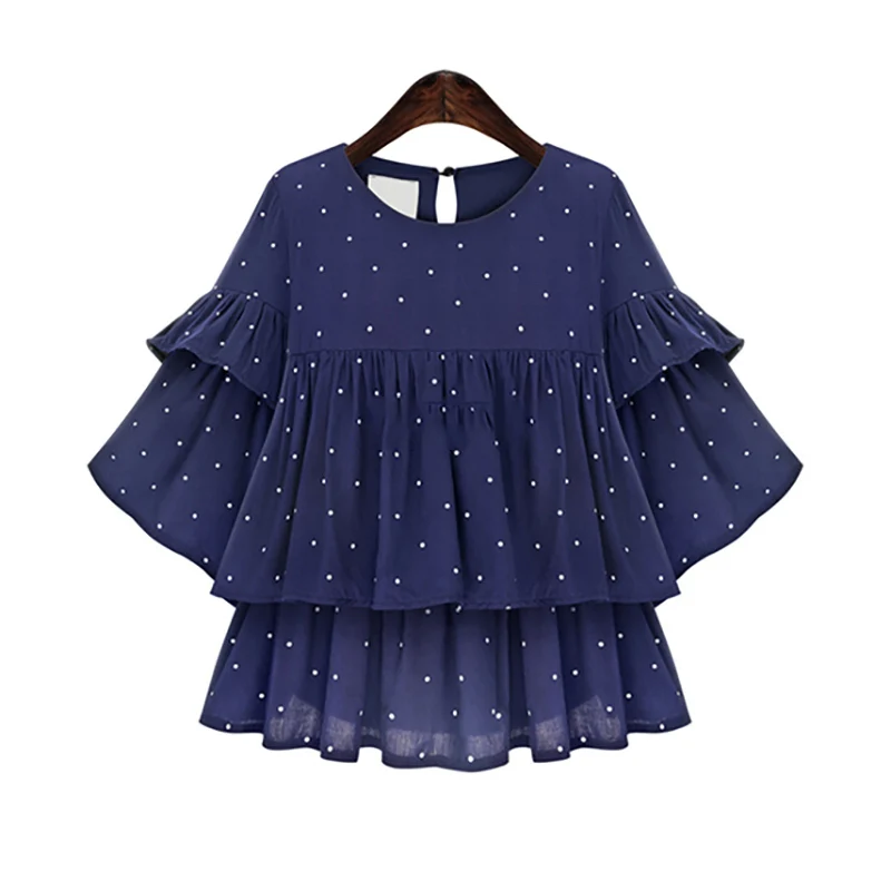 navy blue Модная летняя новая одежда для женщин, модная Свободная шифоновая рубашка в горошек с рукавом средней длины и бабочкой большого размера YG977 - Цвет: navy blue