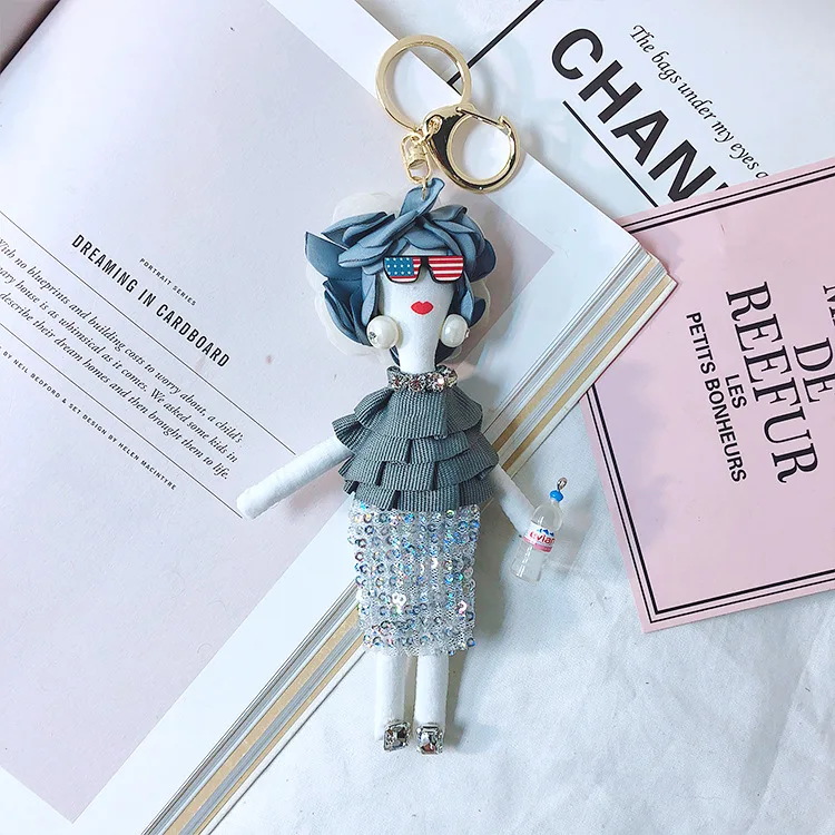 Korea Handmade Fahion Modern Girl Real Mink Fur Keychain Miss Lady Bag Pompom Bag Charm KeyRing Luxury Car Jewelry Pendant - Color: Blue