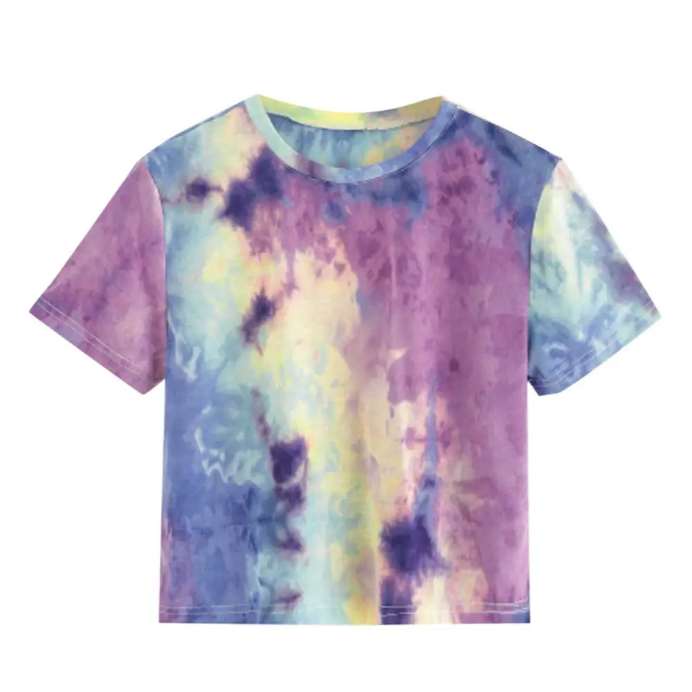Женские летние топы 2019 футболка с принтом Tie Dye короткий рукав круглым вырезом