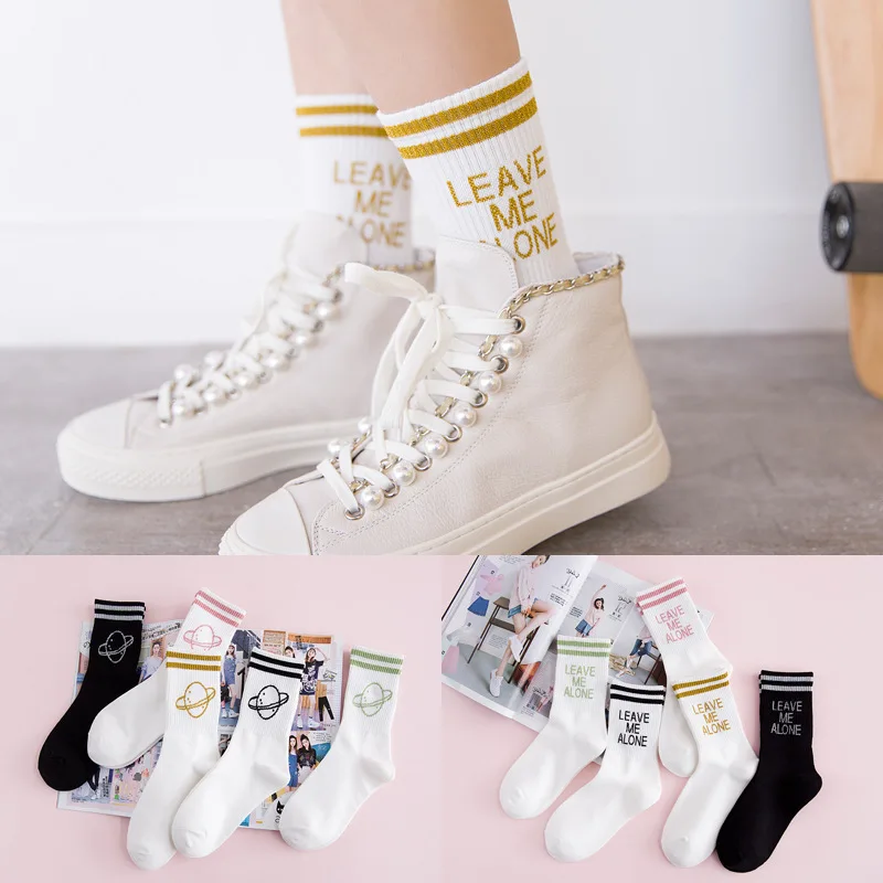 

New Autumn and Winter Socks, Women's Sports Style, Cotton Two-strand Letter Planet Women's Socks, Ladies Striped Korean Socks 00