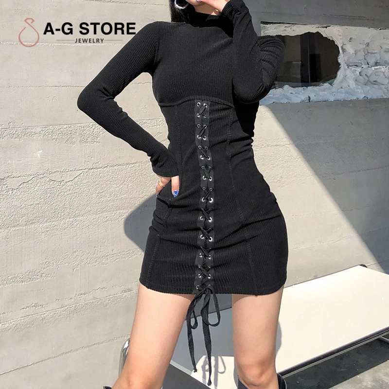

Women's 2020 Autumn Winter Black Splicing Dress Women Slim High Waist High Neck Waist Long Sleeve Designer Long Sleeve Dresses