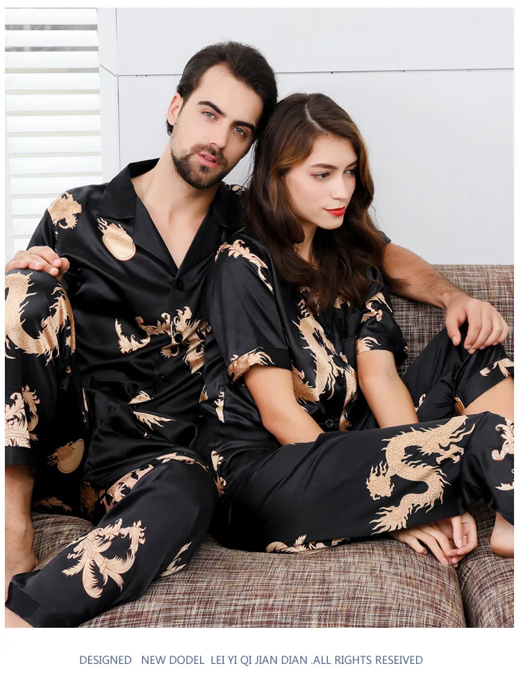 cotton pyjama set Couple Thin Silk Pajamas for Men Sleepwear Mens Pajama Set and Women Pajamas Set Short Sleeve Nightgown Sleep Wearman Silk cotton pj set