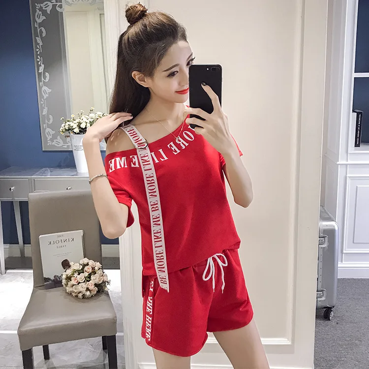 

2020 Summer New Style Fashion WOMEN'S Suit Loose Casual off-Shoulder Applique Tops Wide-Leg Shorts Two-Piece Set
