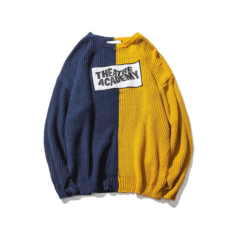 

Japanese Harajuku Knitted Contrast Color Sweater for Men Urban Boys Streetwear Hip Hop Knit Patchwork Pullover Jumper Oversized