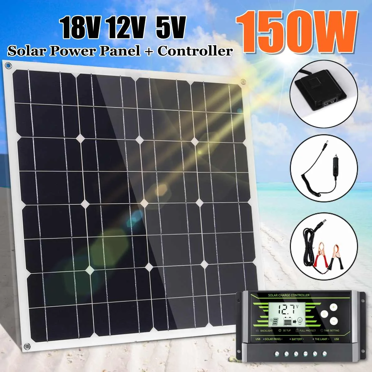 

150W 18V Mono Solar Panel USB 12V/5V DC With 10/20/30A Controller Flexible Solar Charger For Car RV Boat Battery Waterproof