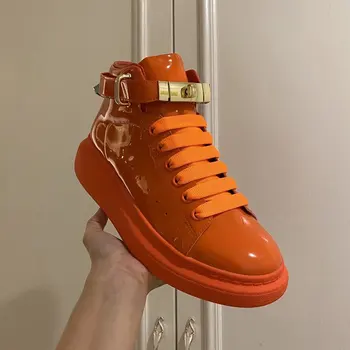 

Jelly Sneakers for Women Patent Leather Thick Bottom Platform Sneakers Lace-up Mental Buckle Lock Decor 2020 New Luxury Designer