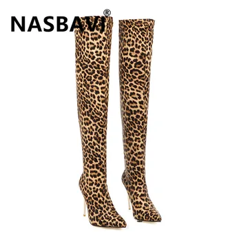 

plus size 34-48 fashion over the knee boots Leopard Print pointed toe autumn winter boots thin high heels fashion women boots