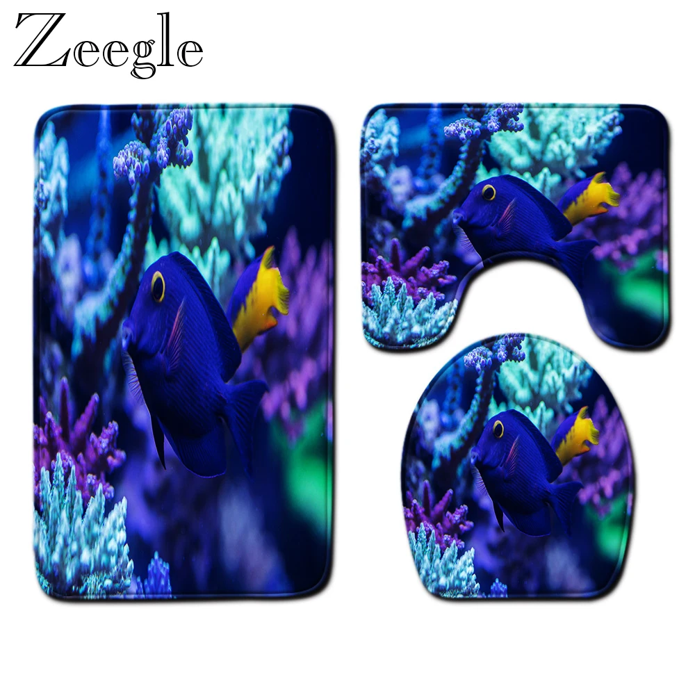 Underwater World Printed Bath Mat Set Absorbent Bathroom Toilet Pedestal Rug Bathroom Anti-slip Washable Toilet Cover Seat Mat