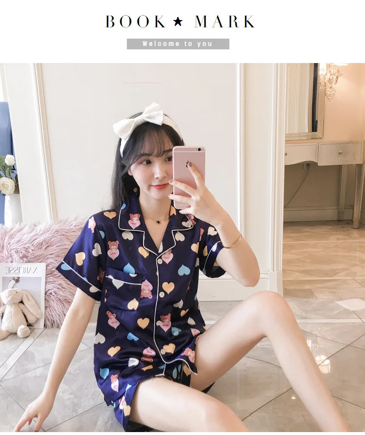 INS Pajamas Women's Summer Short-sleeved Sweet Korean-style Flamingo Summer Women's Imitated Silk Fabric Home Wear Two-Piece Set