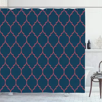 

Shower Curtain Set with Hooks 72x72 Inches Graphic Dark Line Blue Burgundy Wide Tile Moroccan Abstract Design Trendy Colorful