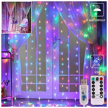

LED USB Christmas Curtain Light Copper Wire LED String Remote Control Curtain Lights Wedding Party Decorative Light