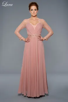 

Elegant Long Sleeve Evening Formal Gown 2018 vestido de noiva beading See Through Back Chiffon Lace Mother of the Bride Dresses