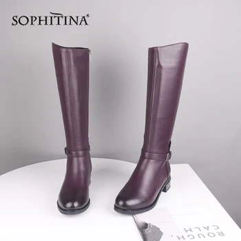 

SOPHITINA Genuine Leather Soild Boots Knee High Round Toe Square Med Heel Zipper Women Shoes Special Design Warm Boots SC543