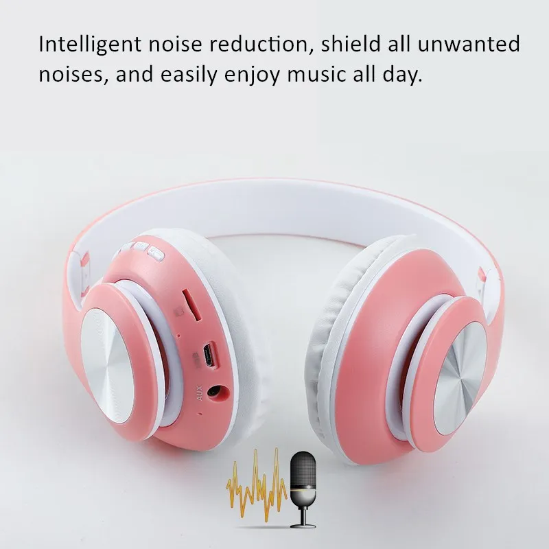 Bluetooth Headphones Cute Pink Girls Colorful Stereo Music Wireless Headset Kids Gifts with Microphone for Xiaomi Huawei Iphone