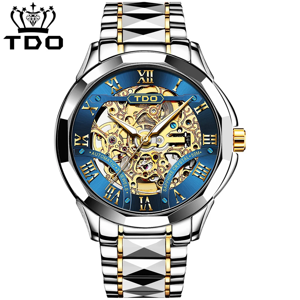 

TDO Skeleton Men's Automatic Mechanical Watch 50 m Depth Waterproof Sapphire Mirror Tungsten Steel Strap Luxury Watches