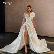 

Verngo New Unique Design Satin A Line Wedding Dresses High Slit 3D Flowers Long Bridal Gowns Dubai Women 2022 Robe de mariage
