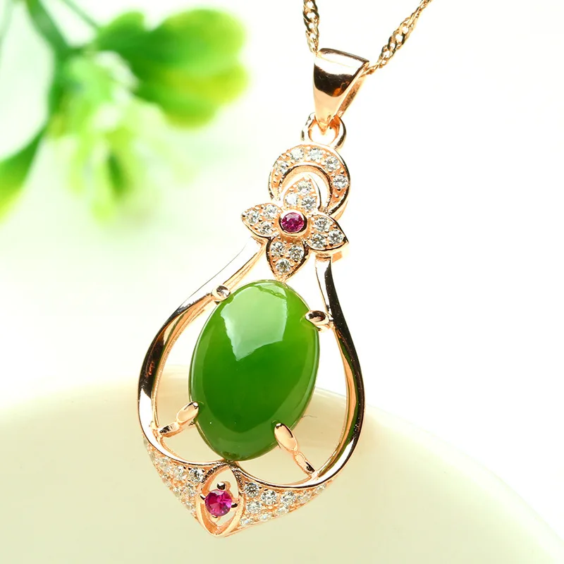 Bague Ringen Sterling Silver 925 Necklaces For Women with oval shape green Jade Pendant Fashion Weddings woman party Gift