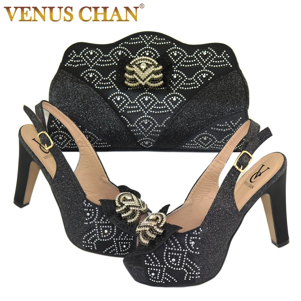 

2020 New Arrival Shinning PU material Ladies Shoes and Bag Set Decorated with Metal Fish Bone Women Shoes and Bag Set for Black