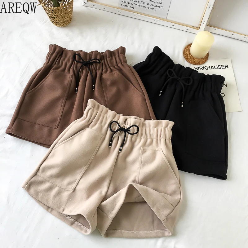

New Women Shorts Autumn and Winter Solid Casual Loose Thick Warm Elastic high Waist Straight Booty Shorts Pockets
