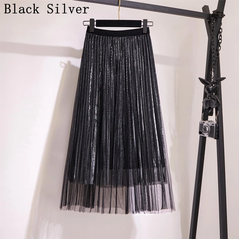 GIGOGOU сверкающие расшитые блестками летние плиссированные юбки, элегантные женские трапециевидные макси юбки, длинная юбка из тюля в стиле ампир, юбка миди, праздничная пачка - Цвет: black silver G559