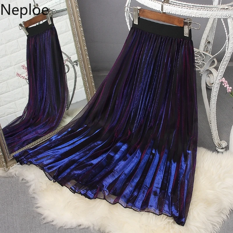 

Neploe High Waist Slim Lace Pleated Jupe Femme 2019 Autumn Winter Vintage Gradient Reflection Skirt Women A Line Faldas 46486