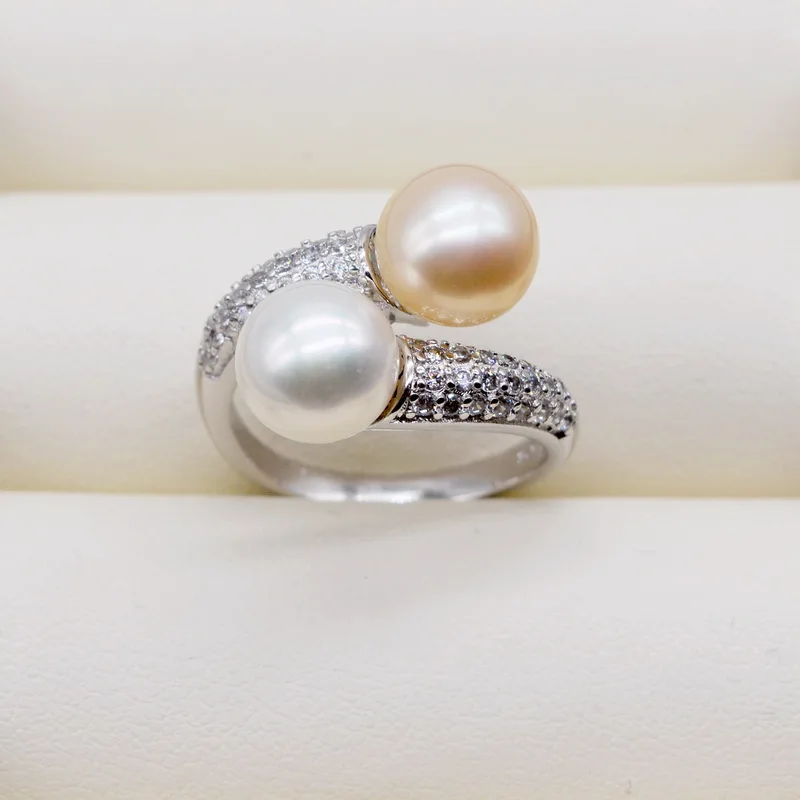 Double Pearl Rings Round Natural Freshwater Pearls Silver Rings Multicolor Pearls Zirconia Adjustable Women's silver rings silver ring