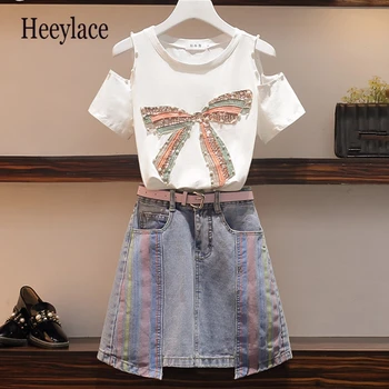

Plus size Two piece set Women Off shoulder Bow Beaded Short Sleeve Tshirt +Colorful Striped Print Denim Mini Skirts Suits Female