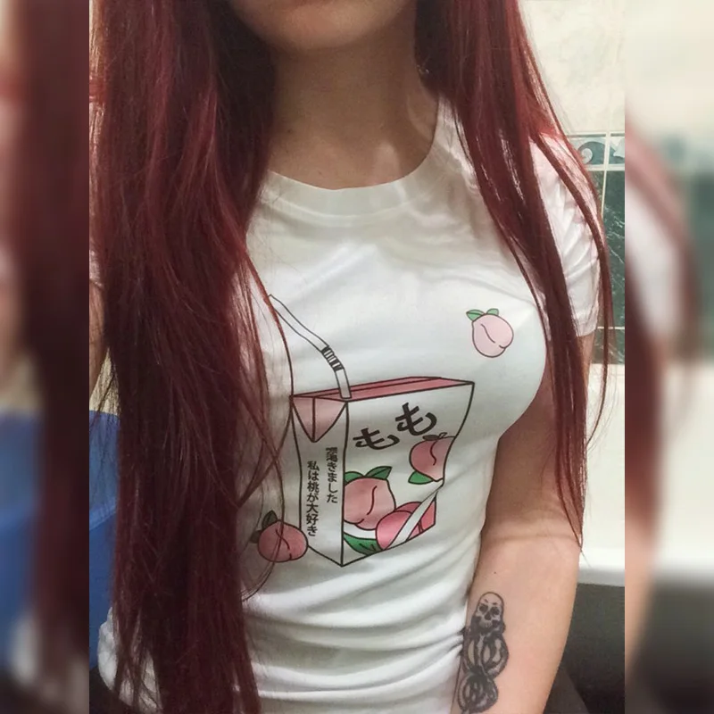 Merry Pretty Kawaii Белая футболка Peach Juice Japanses стильная женская летняя повседневная одежда tumblr модная футболка