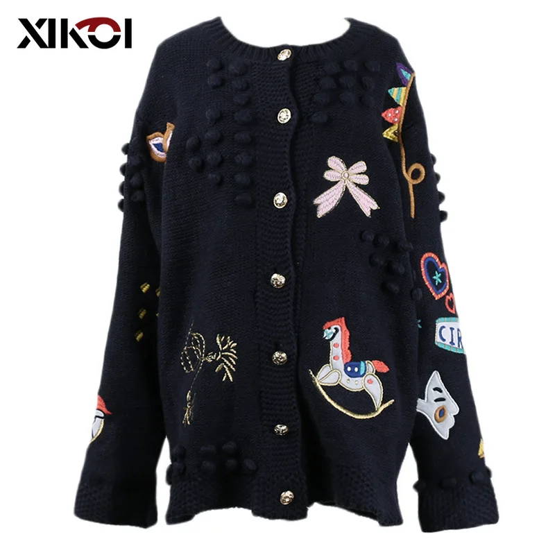 

Chic Embroidery Women's Knitted Sweater Cardigan Autumn Winter Cardigans Female Jumper Coat Korean Loose Sweaters Outwear
