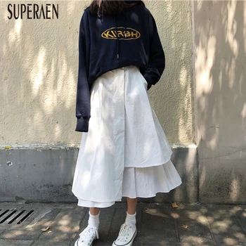

SuperAen Irregular Fashion Skirt Women Solid Color Wild Cotton Ladies Skirts High-waisted Summer New 2020 Skirts Female