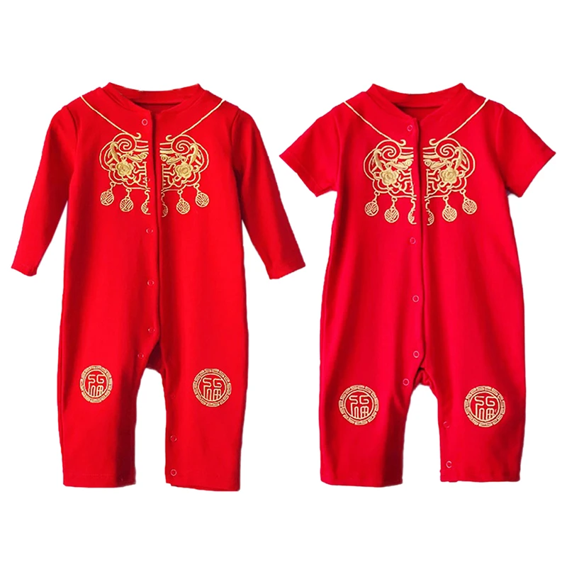 Для новорожденных мальчиков и девочек; сезон весна-лето; китайский стиль; новогодний праздничный хлопковый комбинезон с длинными и короткими рукавами для малышей