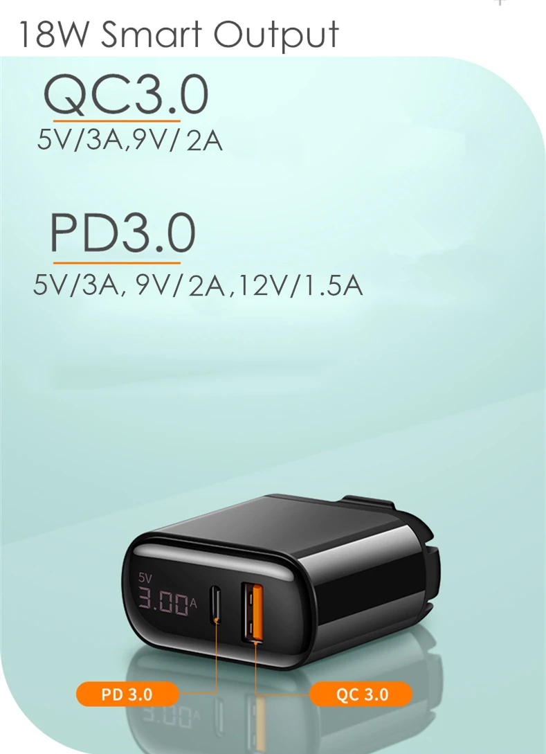 18 Вт PD3.0 QC3.0 светодиодный дисплей Универсальный мобильный телефон адаптер питания PD зарядное устройство дорожное настенное зарядное устройство для iPhone samsung IPad Xiaomi