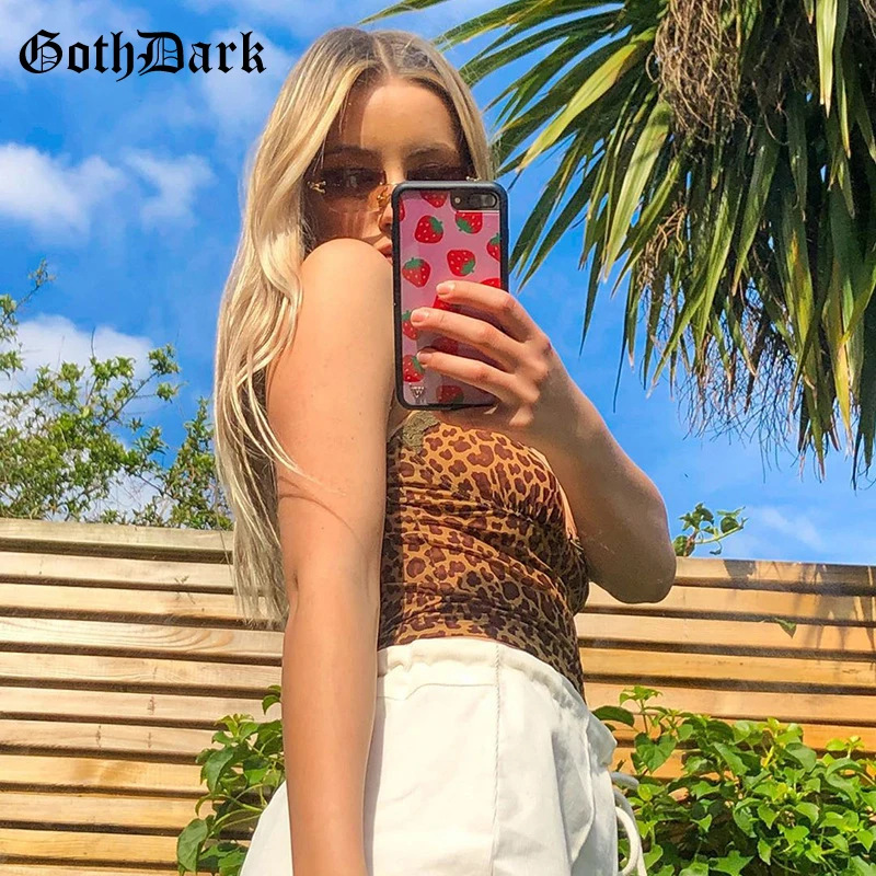 Goth Dark Gothic E-girl Sexy Camis Vintage Mesh Patchwork V-neck CropTops Backless Fashion Leopard Print Women Streetwear Top