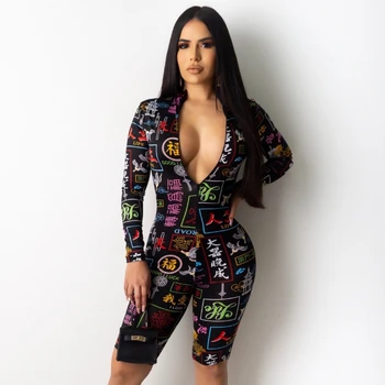 

2020 Women Two Side Wear V Neck Cut Out Playsuits Long Sleeve Chinese Character Printed Rompers Chic Skinny Streetwear