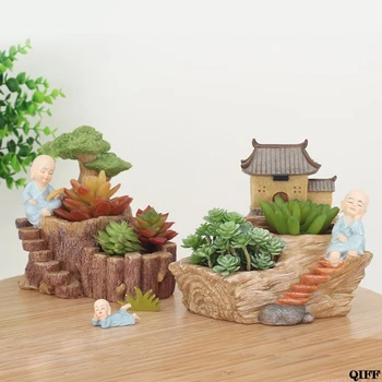 

Cute Chinese Style Cartoon Temple Fleshy Flower Pot Resin Plant Flower