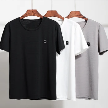 

Ice silk breathable men's short sleeve T-shirt summer new solid color quick drying elastic sports light round neck T-shirt 5xl