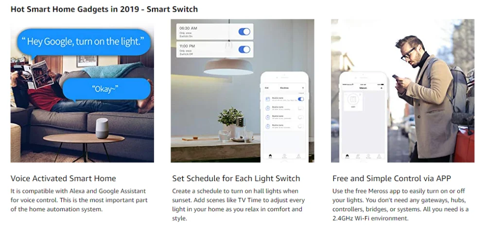 Светильник, Meross WiFi, умный светильник, выключатели, работает с Alexa и Google Home, простая установка, современный дизайн, 1 способ, 1 комплект