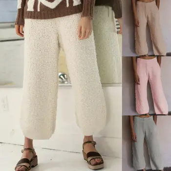 

Women Long Pants Winter Warm Elastic High Waisted Wide Leg Home Straight Ladies Solid Loose Casual Trousers